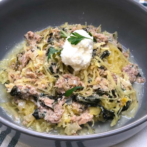 Quick & Easy Keto Spinach & Tuna in White Wine Lemon Sauce over Spaghetti Squash Noodles