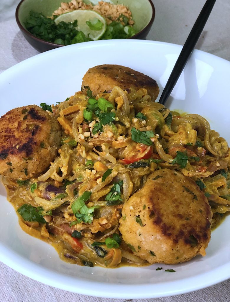 Stir Fry Asian Veggie Noodles with Coconut Curry Peanut Sauce & Asian Meatballs-a healthy and low carb dinner bursting with Asian flavor.
