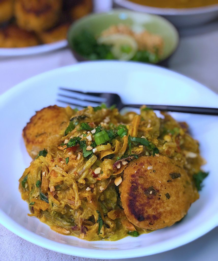 Stir Fry Asian Veggie Noodles with Coconut Curry Peanut Sauce & Asian Meatballs. A low carb and easy dinner with authentic Thai and Asian flavors.