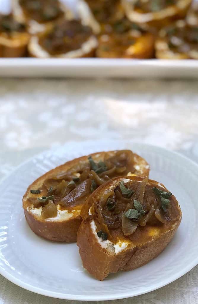 pumpkin butter crostini appetizers with caramelized onions & sage