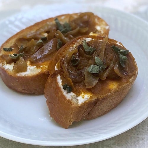 pumpkin butter crostini appetizers with caramelized onions & sage