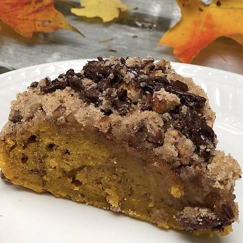 moist pumpkin spice coffee cake with chai crumble topping