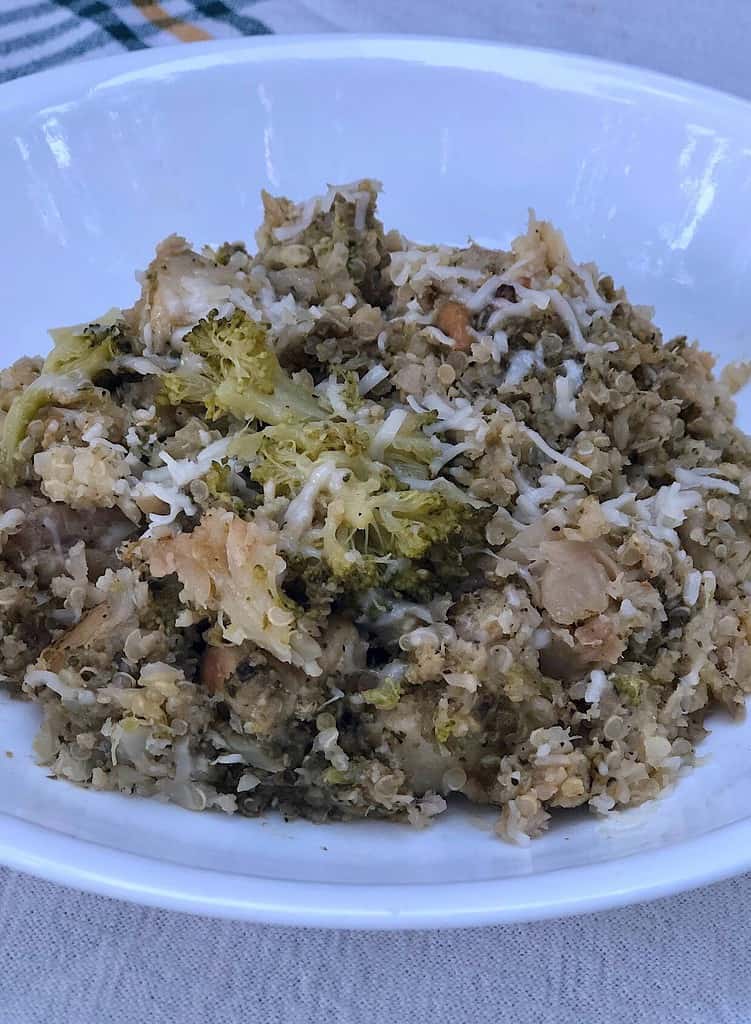 cheesy pesto cauliflower rice casserole with chicken and broccoli