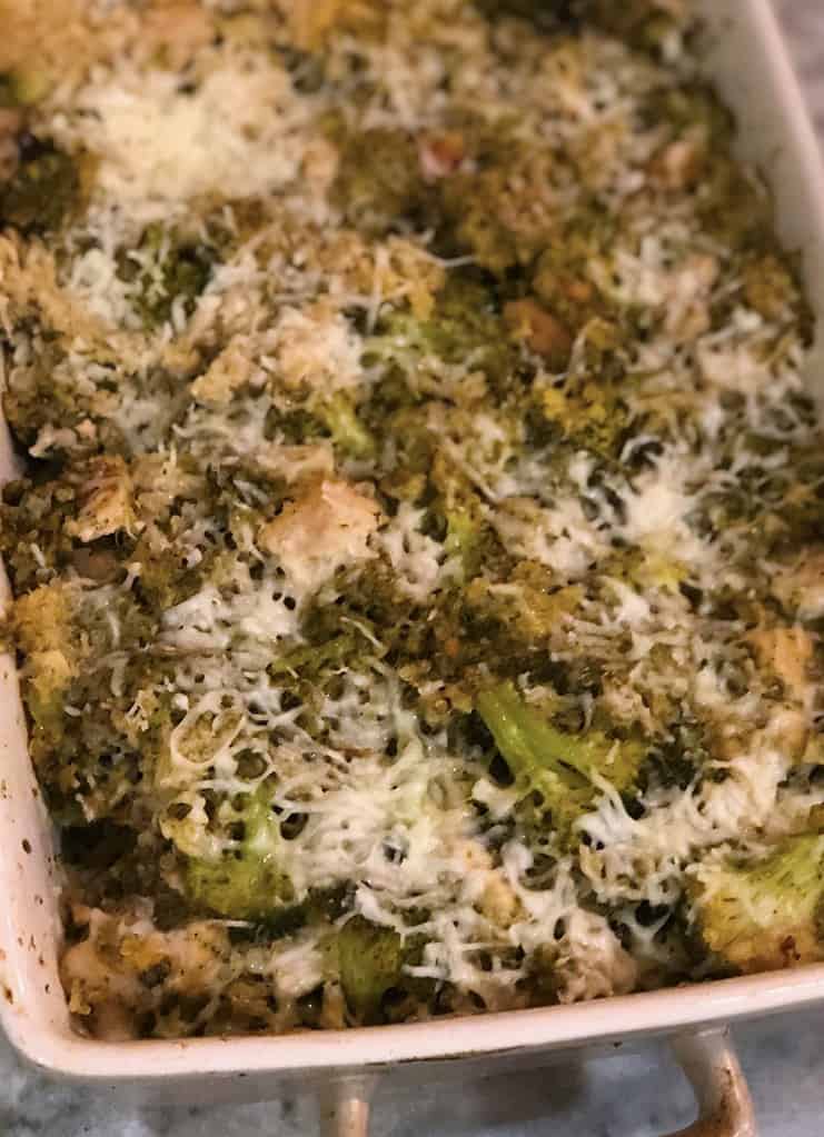 Cheesy Pesto Cauliflower Rice Casserole with Chicken and Broccoli