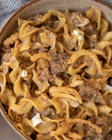 A brown speckled bowl full of egg noodles topped with french onion beef stroganoff. You can see the chunks of cream cheese and the noodles are creamy and buttery.