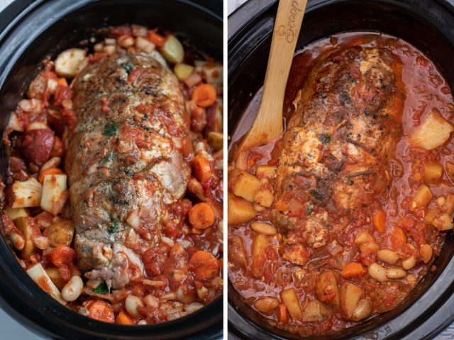 A side by side picture of pork loin roast before being cooked in the crock pot and after it's cooked.  The pork is covered in a tomato sauce with cannellini beans, diced potatoes and carrots