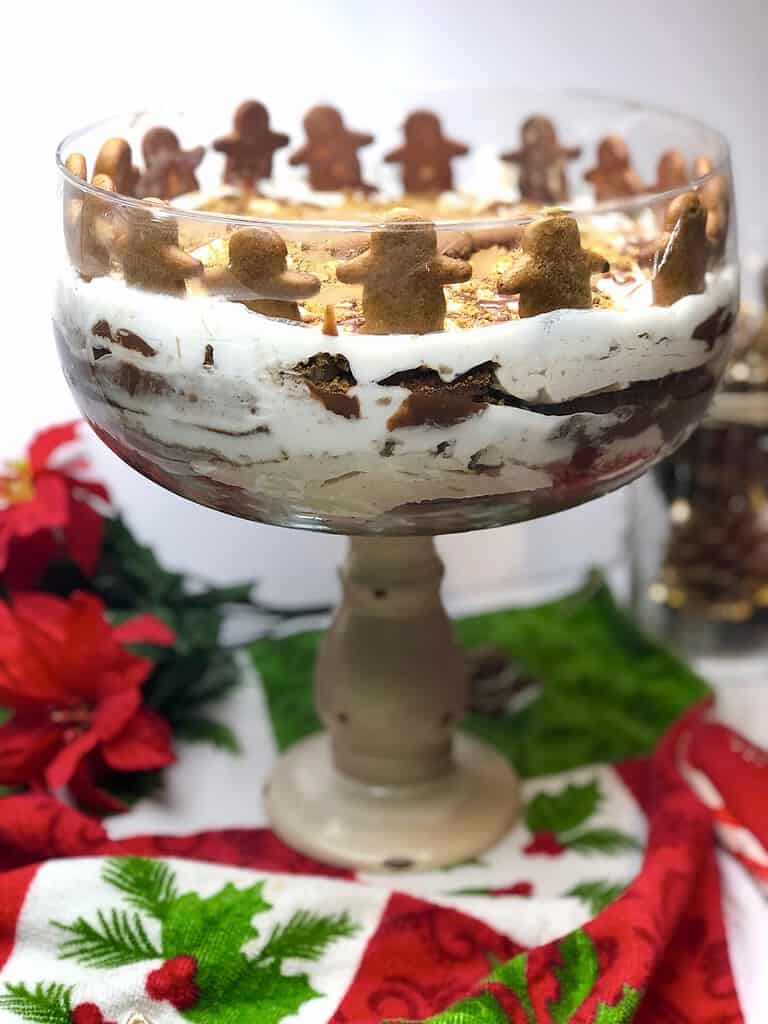 A Christmas trifle dessert recipe with gingerbread cake, caramel and whipped cream