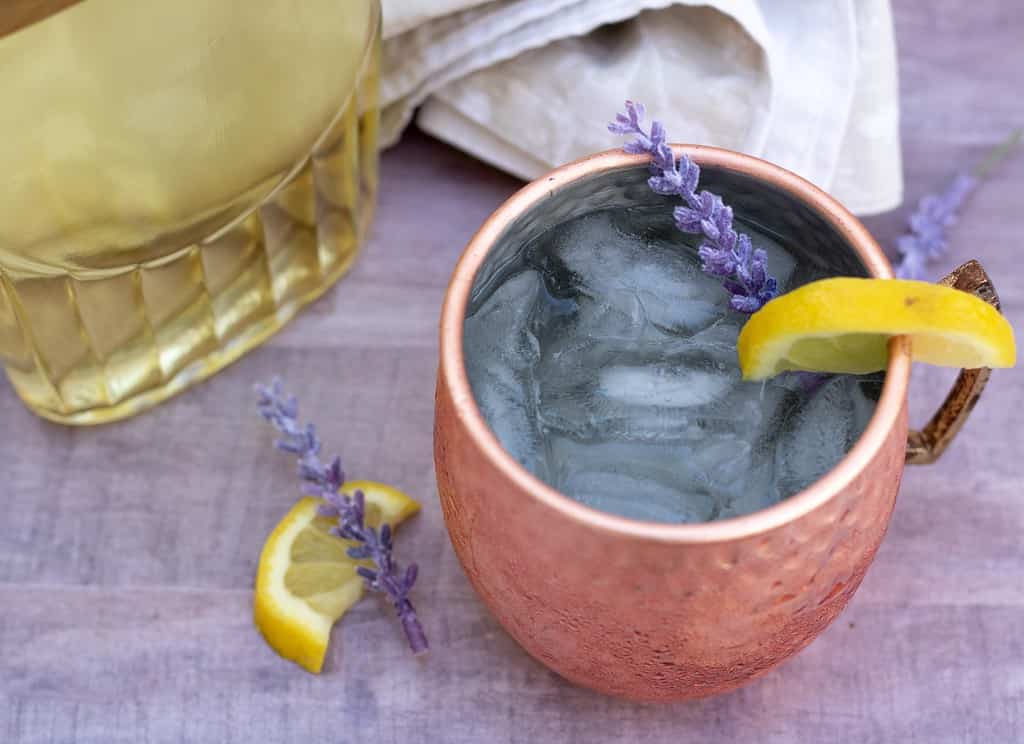 A cold Moscow mule cocktail made with homemade lavender infused vodka, ginger beer and lemon. It’s a light and refreshing spring or summer drink. Purple lavender and fresh lemon sit in the background