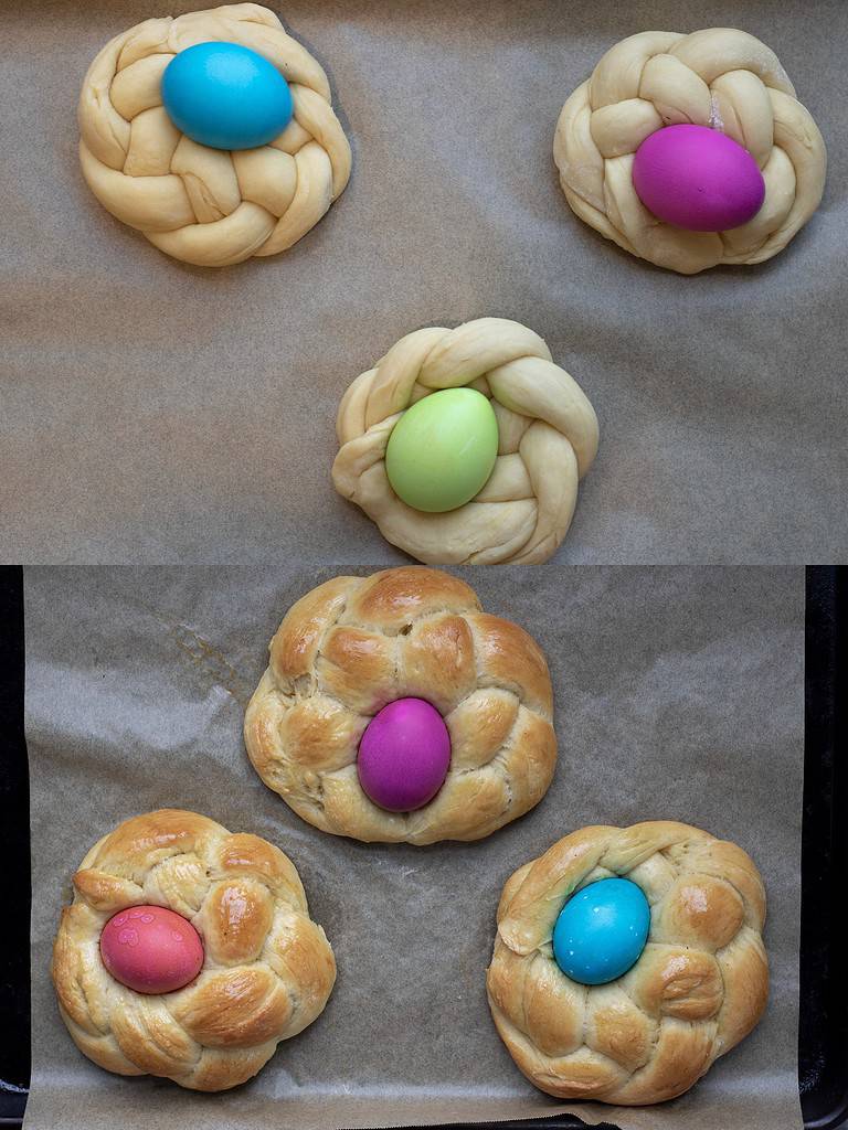 Braided Easter bread with colored Easter eggs in the middle. It’s a before and after of the bread being baked.