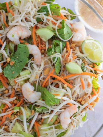A large glass bowl of fresh shrimp spring salad. It's topped with a wedge of lime and crushed peanuts. There's a small white bowl of peanut dressing in the background.