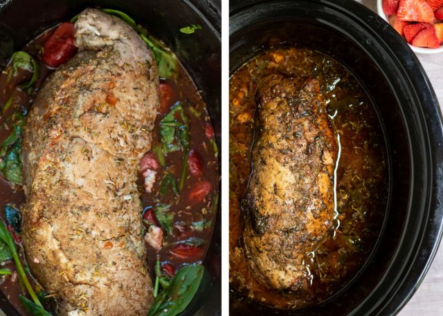 a side by side picture; one of pork tenderloin that’s in a crockpot with fresh spinach and strawberries. It’s been rubbed with herbs and drizzled with honey balsamic. The other picture is the pork tenderloin after it’s been cooked in the crockpot. It’s nice and golden brown and the spinach has wilted.