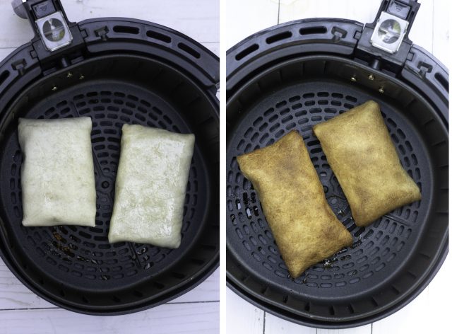 Side by side pictures of two chimichangas that are placed in the air fryer basket. The picture on the left is before cooking and the picture on the right is after the chimichangas have been air fried. They're brown, golden and crispy.