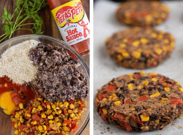 A side by side picture showing a large glass bowl for black bean burger ingredients and the next picture showing 3 formed burgers on parchment paper on a baking sheet
