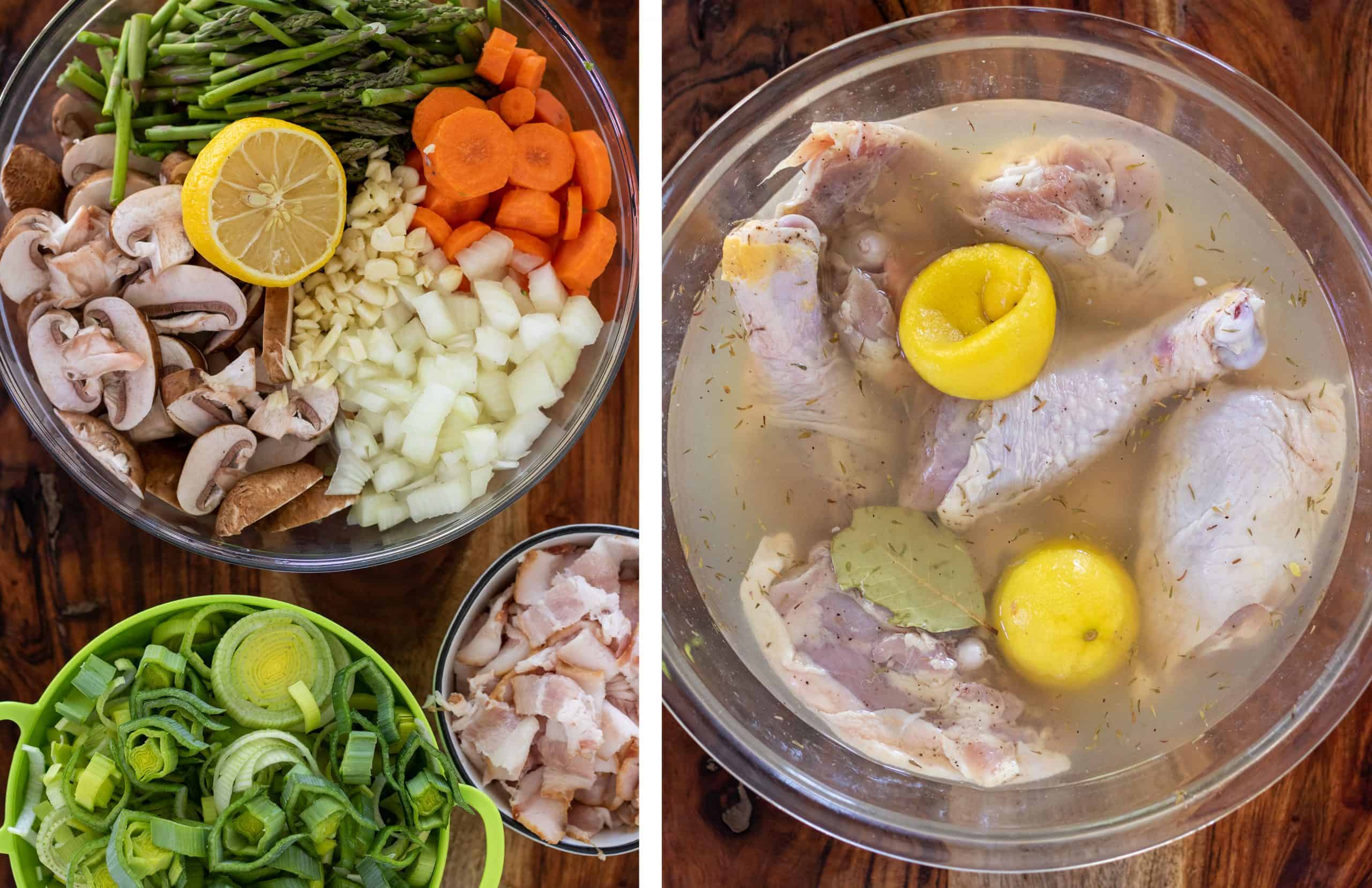 Two side by side pictures, the first one has a bowl of ingredients for coq au vin like leeks and bacon, the secon is a large glass bowl of marinating chicken with lemon and herbs