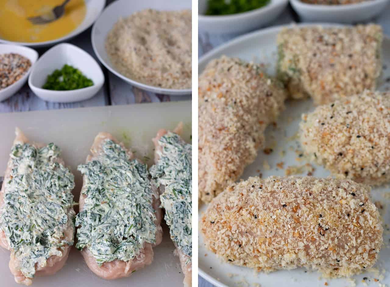 The left picture shows raw chicken breasts with a cream cheese filling spread onto it. There's a small dish of scallions and another dish of panko in the background. The right picture shows the panko coated chicken that's been rolled and secured with a toothpick