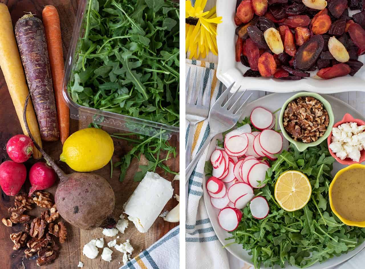 The picture on the left has ingredients on a wooden cutting board: 3 whole rainbow carrots that are yellow, dark purple and orange, 1 large beet, a bunch of arugula, a lemon, goat cheese and chopped walnuts. The picture on the right shows the cooked roasted beets and rainbow carrots with a plate full of the arugula, sliced radishes and other salad toppings.