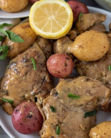 A white plate topped with chicken thighs with lemon Dijon gravy. There's fresh thyme sprinkled on the chicken and a half of lemon is sitting on the plate. There's yellow and red small potatoes.
