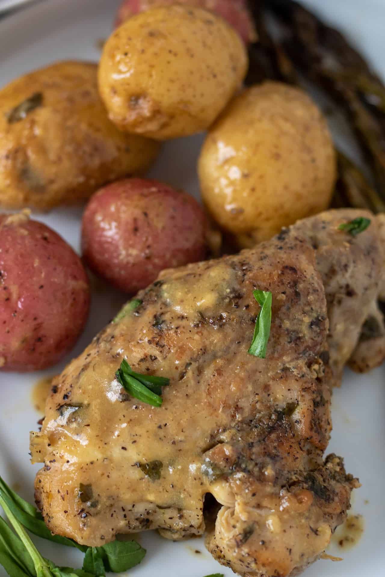 A small white round dish with a browned chicken thigh. It's covered in gravy and topped with fresh tarragon. There's white and red baby potatoes on the plate too.