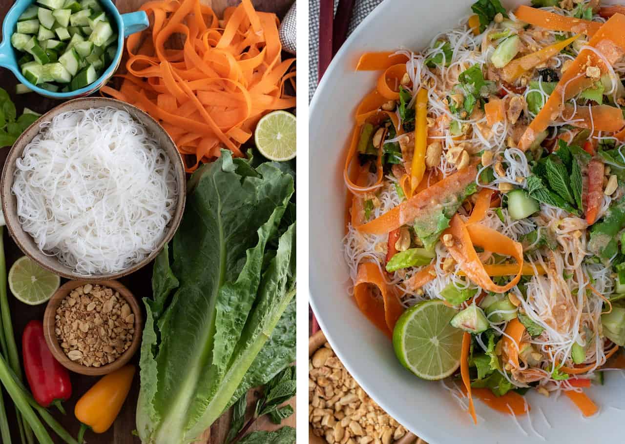 A side by side of two images; one shows the ingredients for Thai noodles salad such as a head of romaine, carrot ribbons, and rice noodles.  The other image shows a large white bowl with the noodle salad tossed with coconut dressing and topped with crushed peanuts.