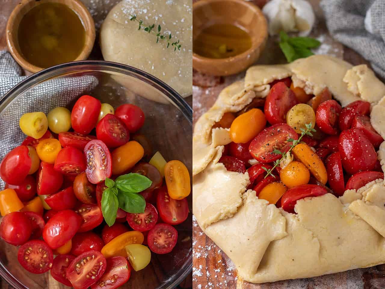 A side by side of two pictures: the first a big bowl of colorful halved cherry tomatoes with a disc of pie dough, a sprig of fresh thyme and some olive oil in the background. The second picture is of the cherry tomato crostata before being baked.