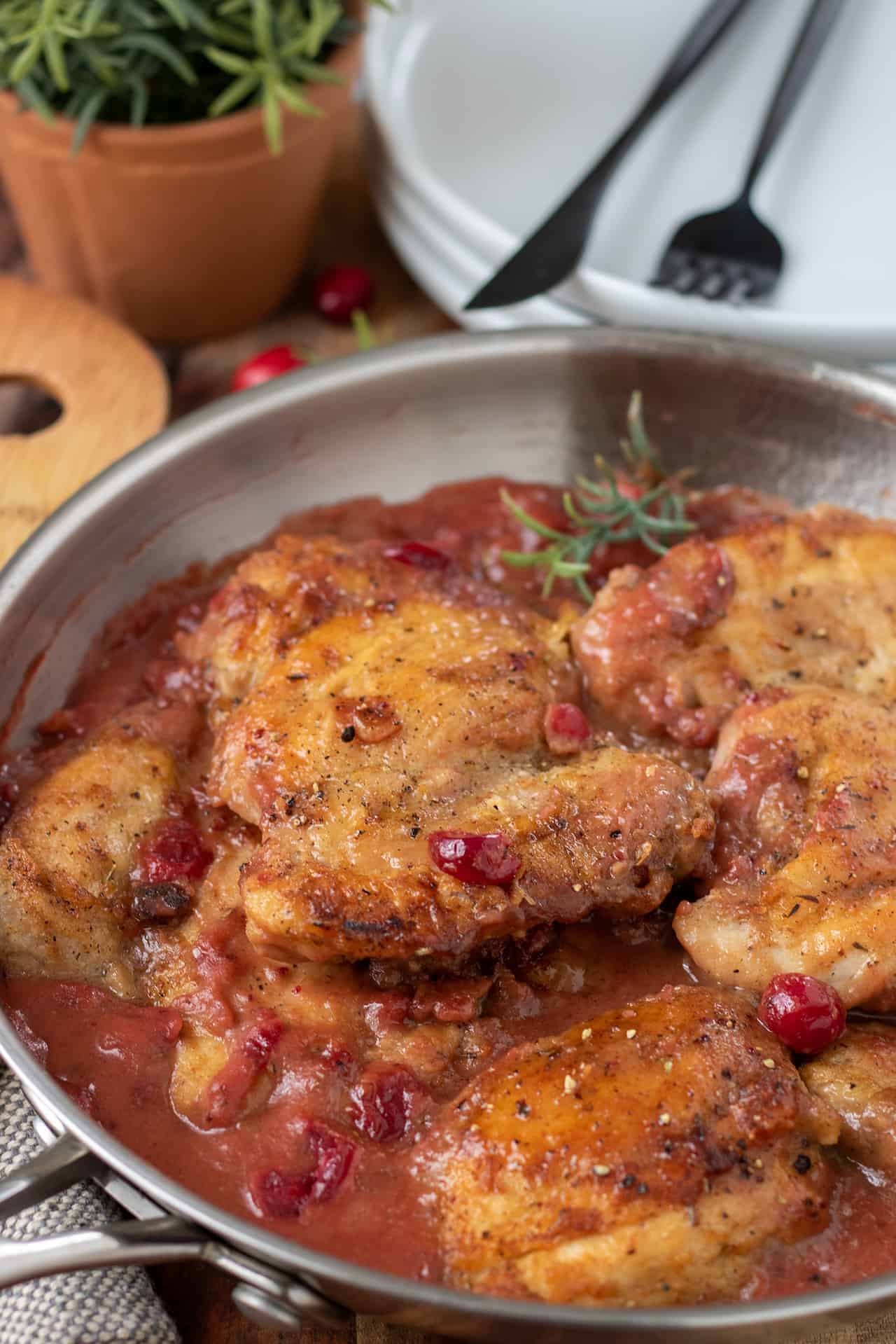 A stainless steel skillet with pan seared chicken thighs. They're golden brown and covered in a cranberry gravy. There's a sprig of fresh rosemary in the pan and a couple of whole cranberries. There's a stack of white dishes with a fork and knife in the background with a small rosemary plant and a wooden spatula.