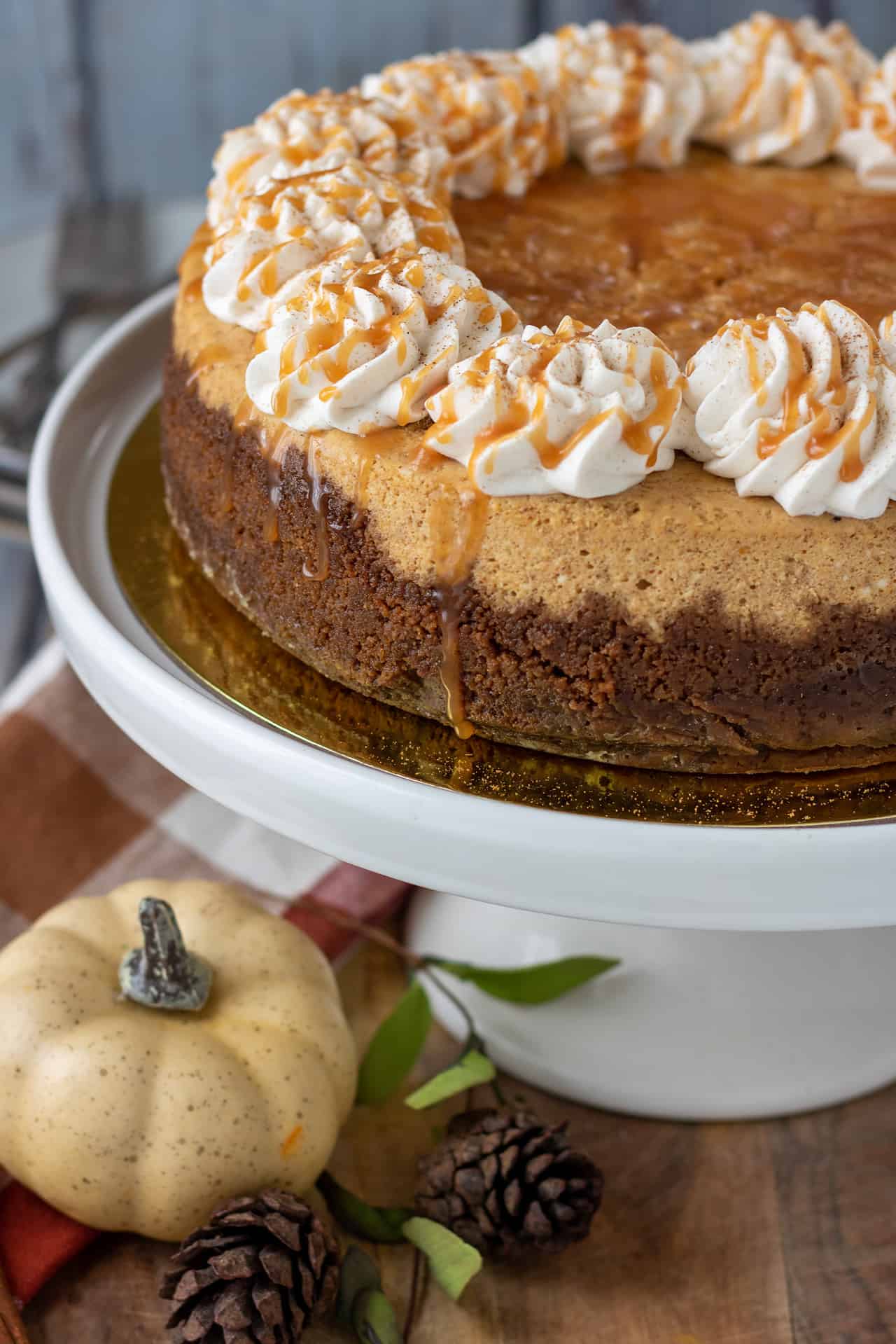 A white cake stand topped with a whole cheesecake. It's got dollops of whipped cream on each slice and it's drizzled with salted caramel sauce. There's a white pumpkin, greenery, and two pinecones in the background. The cake stand is sitting on a wooden surface with a orange and white plaid dish towel.