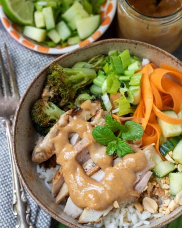 A bowl filled with rice, roasted broccoli, carrots and diced cucumber. There's sliced grilled chicken and a peanut sauce drizzled on top. There's a fork next to the bowl and a small bowl filled with diced cucumber in the background.